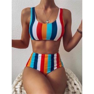 🌈 Colorful Striped High Waisted Two Piece 🌈